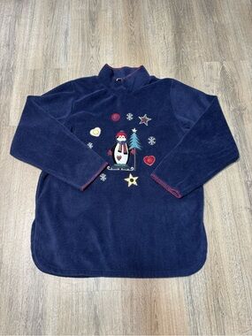 Christopher & Banks Navy Turtleneck Fleece Sweater with Festive Penguin Motif